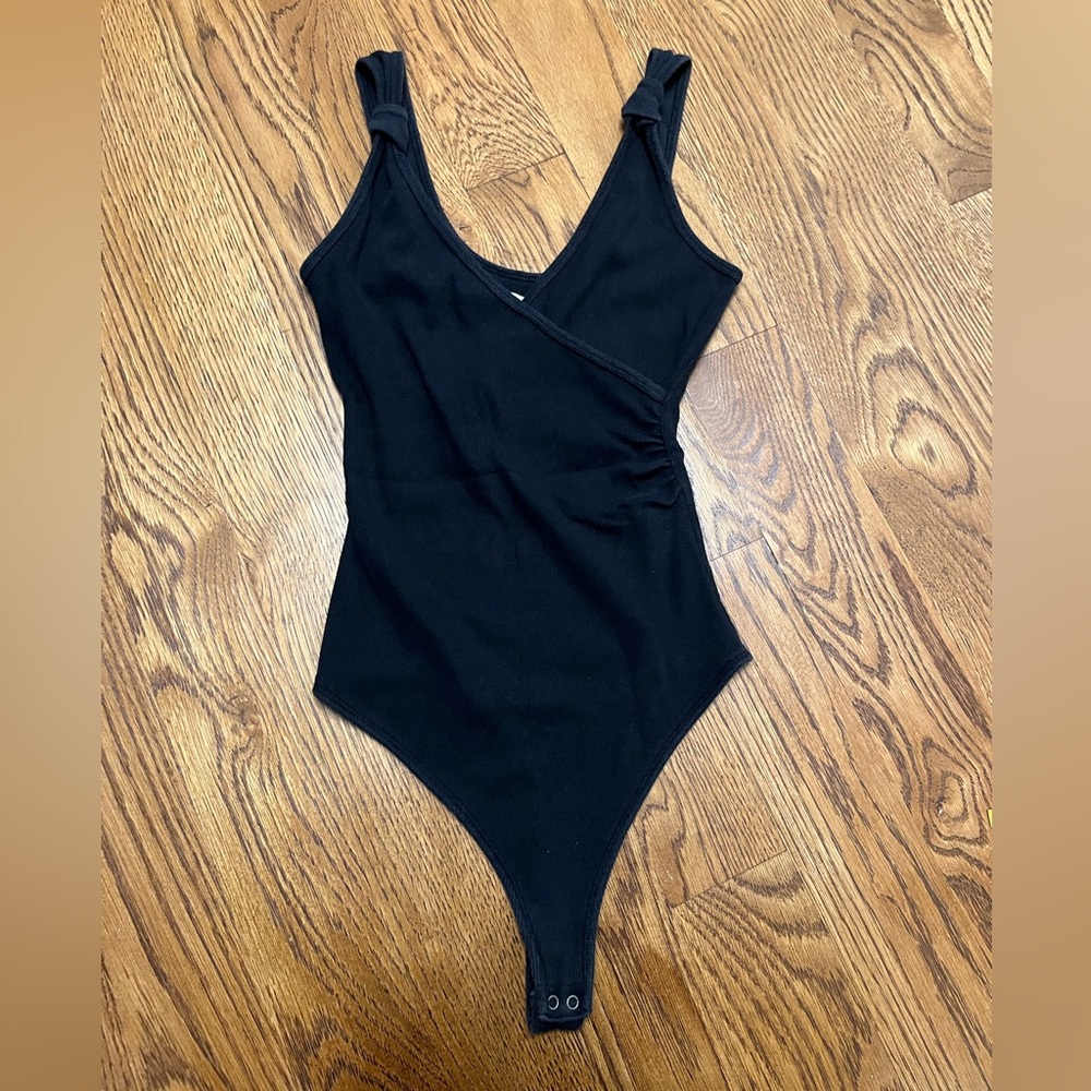 Abercrombie & Fitch Black Bodysuit with Deep V-Neck and Ruched Detail